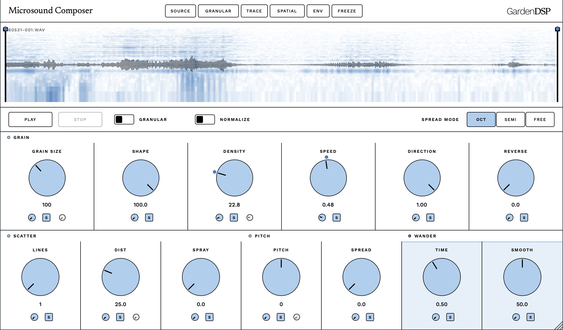 Microsound Composer — granular page with a loaded sample and sora-blue knobs on a white panel